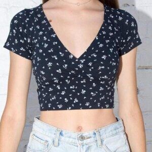 BRANDY MELVILLE Navy Blue Floral Amara Wrap Top | Floral Crop Top